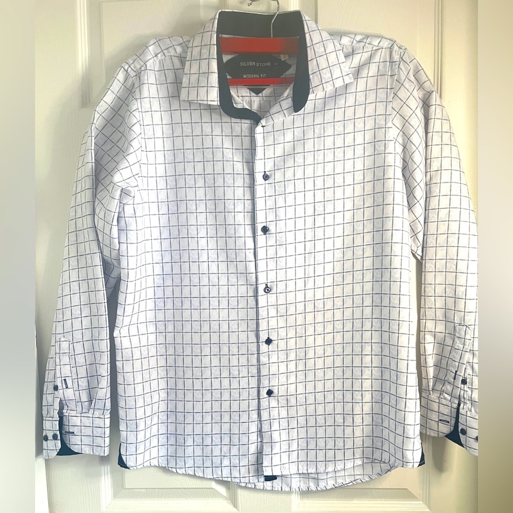 White and Black Casual Button Down Shirt with Checkered Pattern